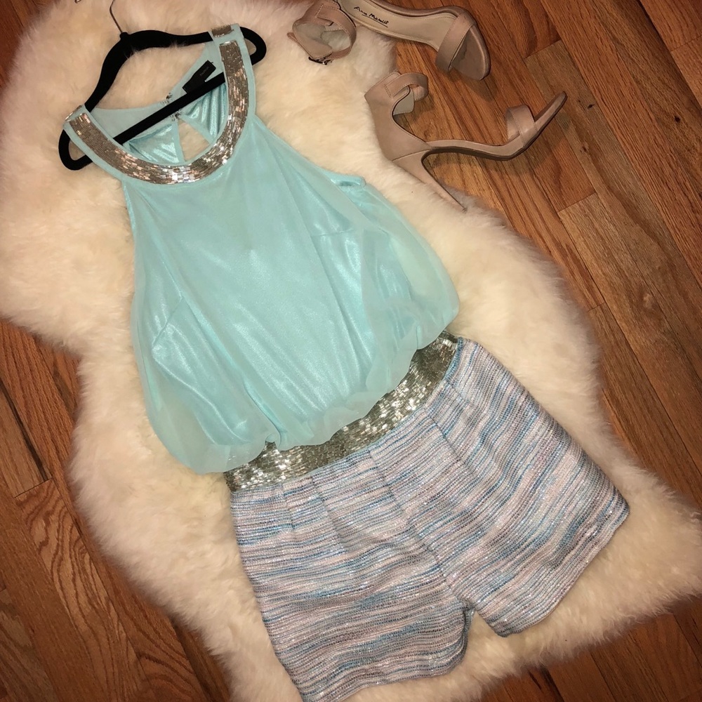 blue sequin romper
